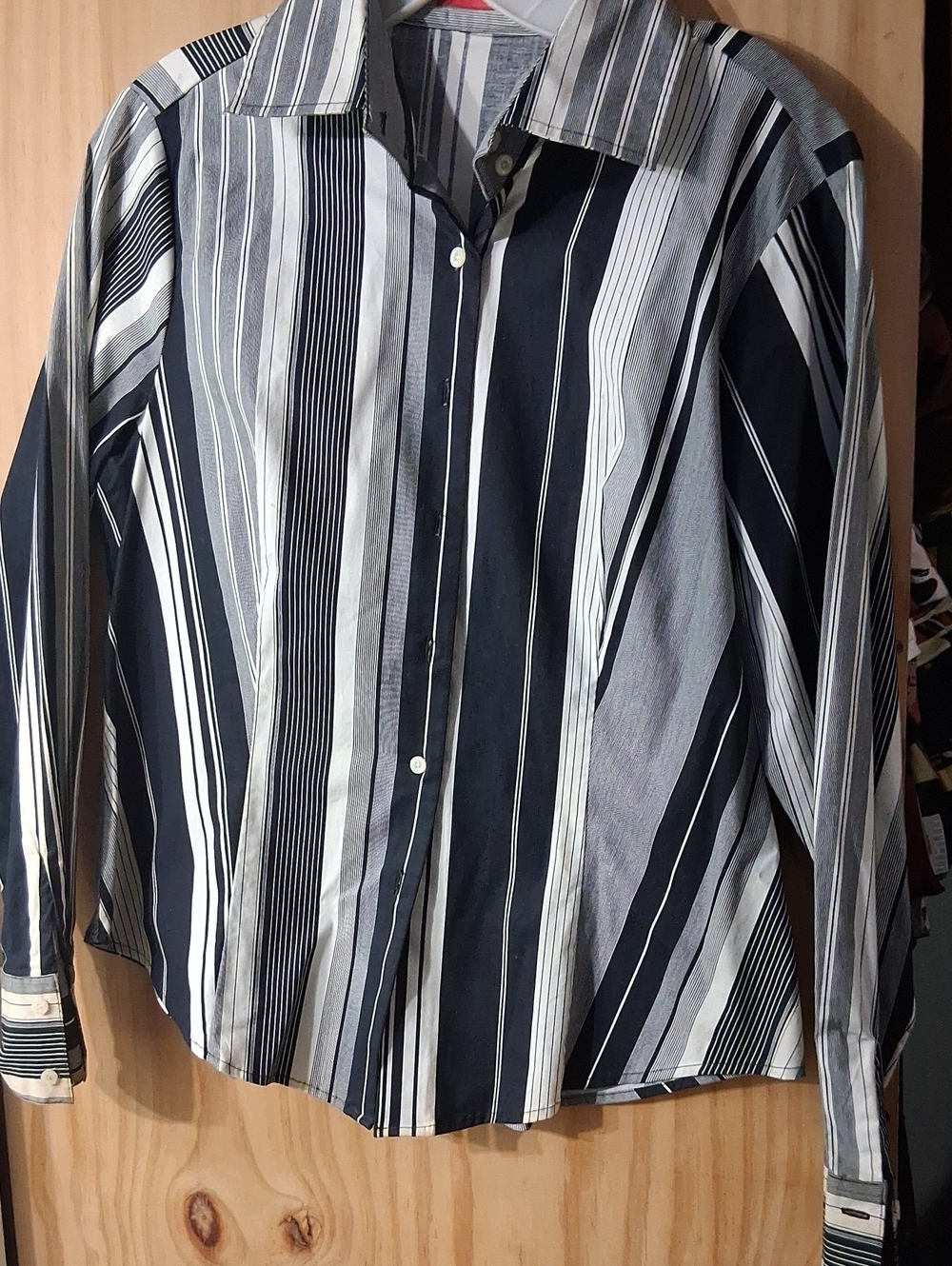 Women's Navy and White Striped Button-Up Shirt